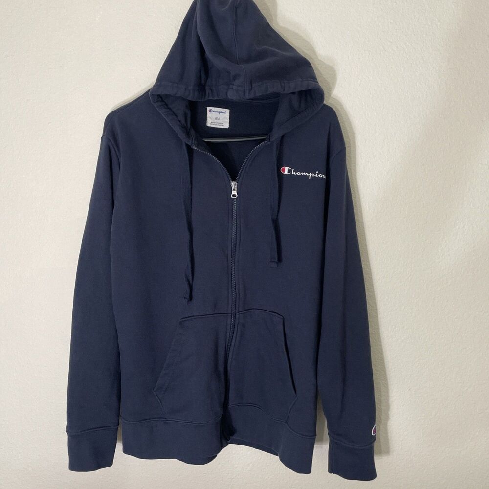 Champion Hoodie Full Zip Navy Blue Embroidered Script Logo Unisex Medium